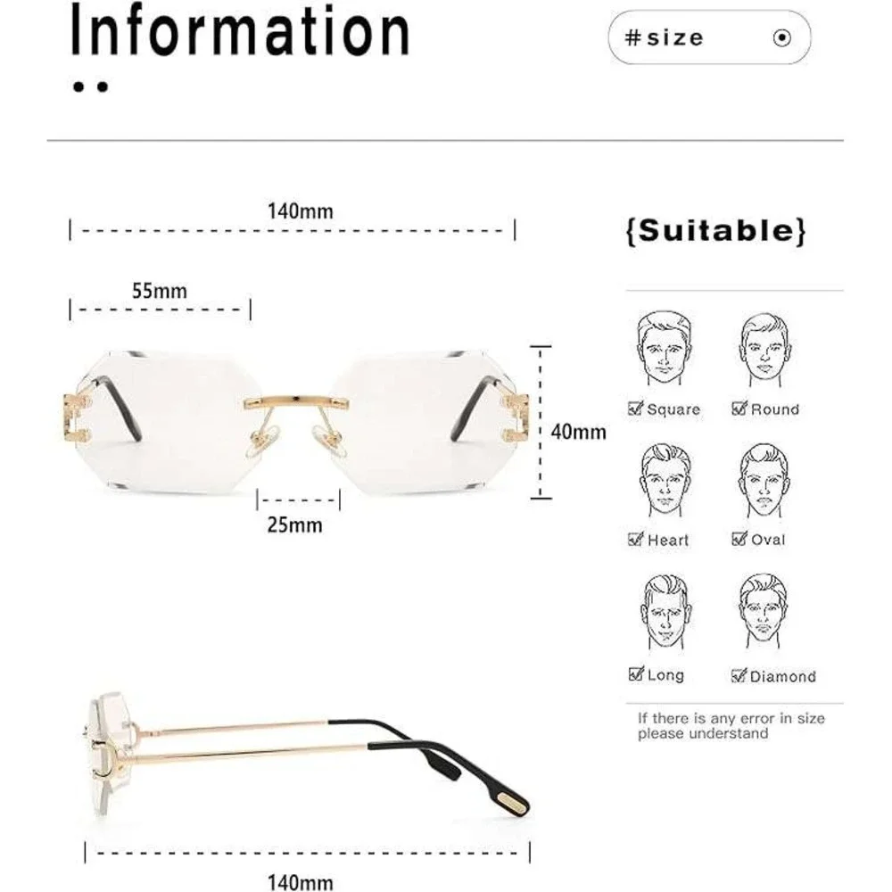 Rimless Sunglasses Men Octagon Clear Lens Gold Frame Fashion Eyewear Street Wear